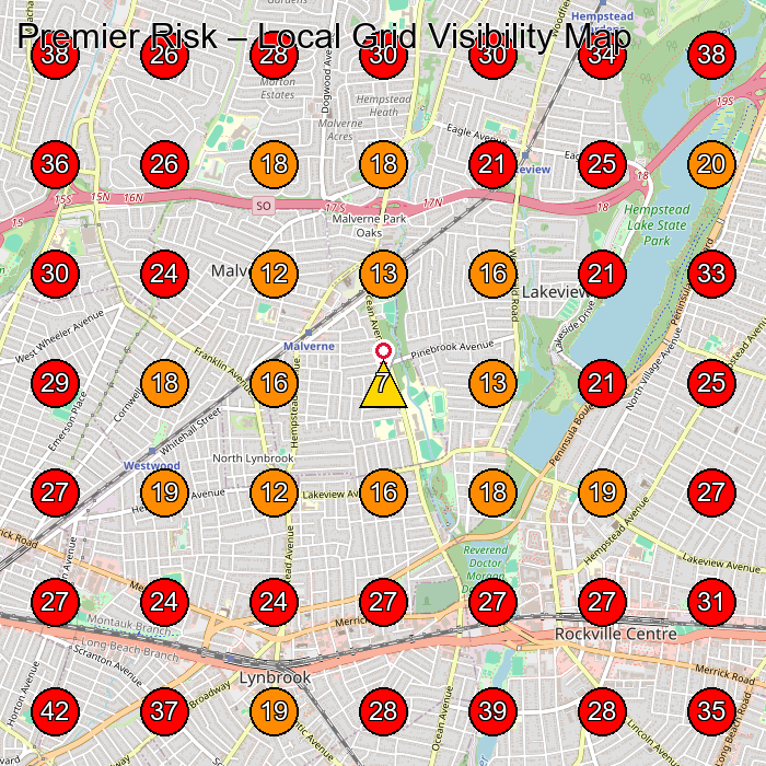 Premier Risk GeoGrid visibility map for Insurance Agency in Hewlett